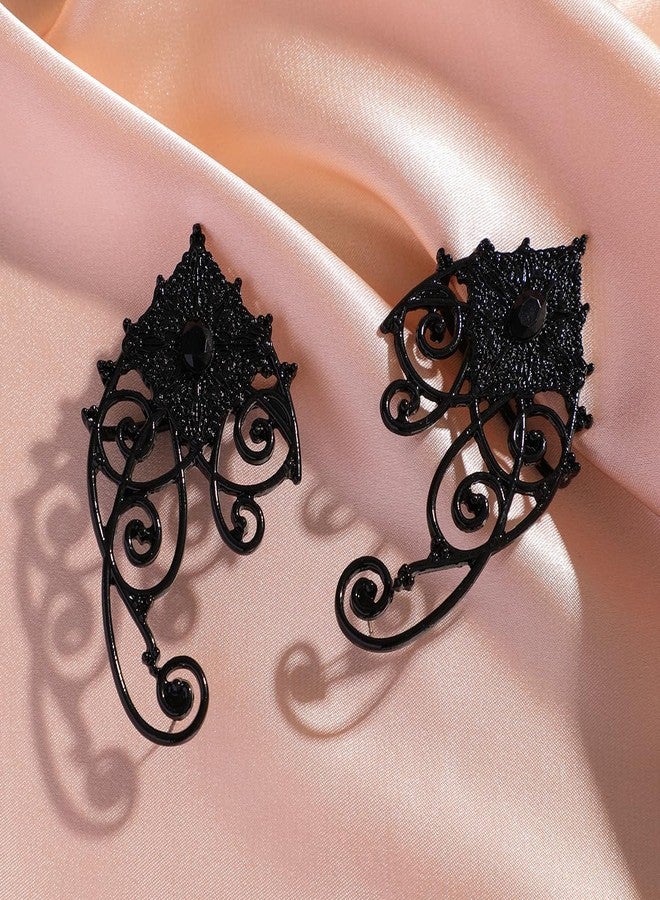 Rannyrena Gothic Black Elf Fairy Ear Cuffs 2pcs Punk Hollow Floral Piercing Ear Wrap Cartilage Climber Earrings for Cosplay Party Hip Hop Clip on Statement Earrings Gift for Women - Image 4